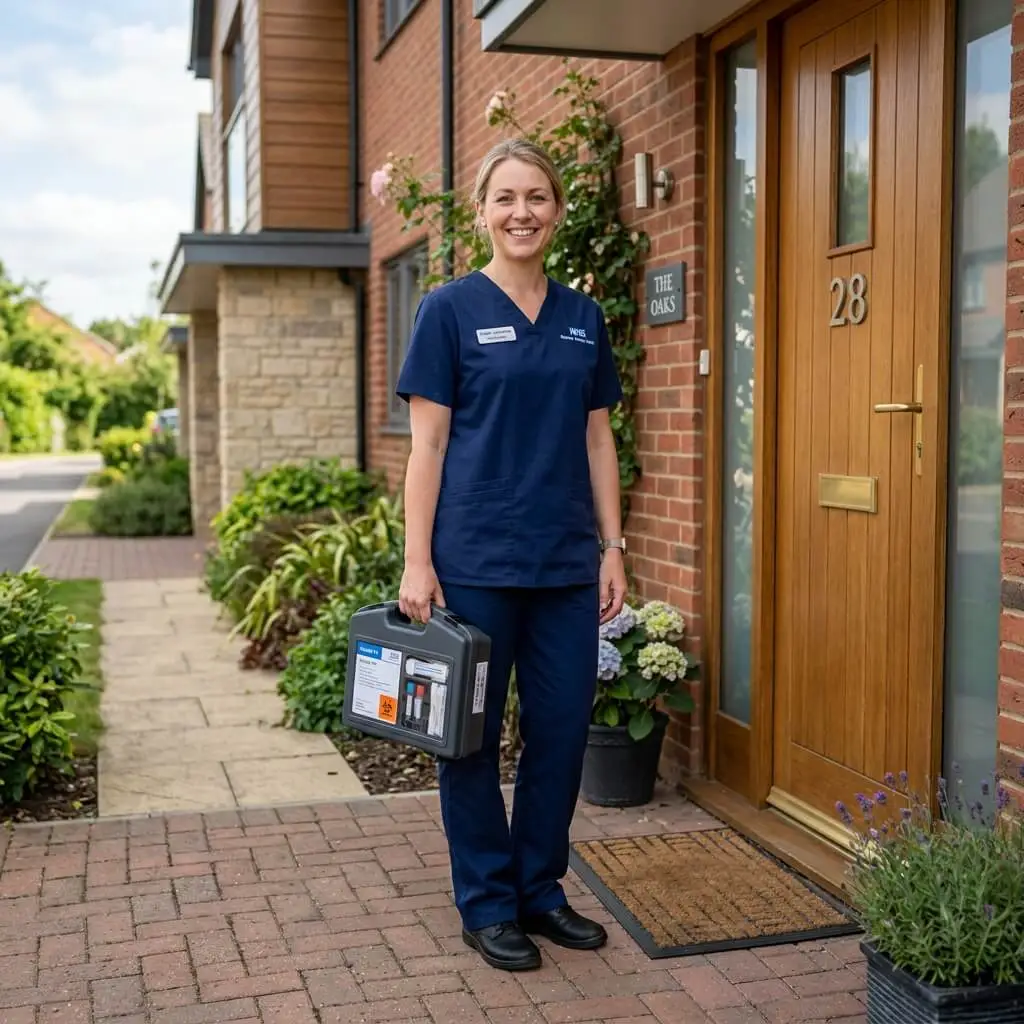 Pathology technician collecting blood sample at home